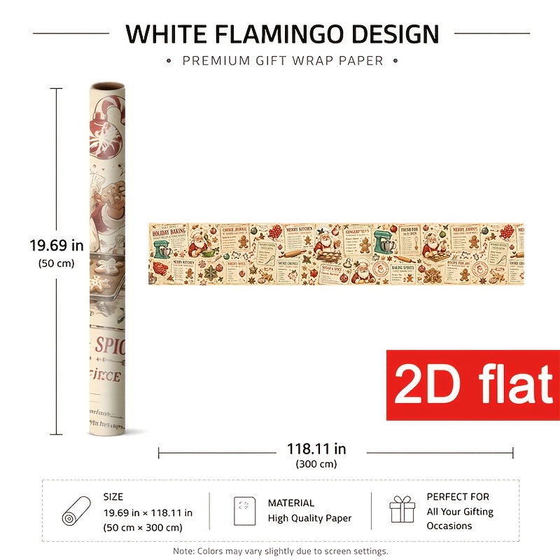 TEMU Papier Cadeau 2D Plat 1 Rouleau 50X300Cm (19.7X118.1In) Élégant pour Fête de Noël, Papier d'Emballage Cadeau d'Hiver avec Père Noël qui Cuit des