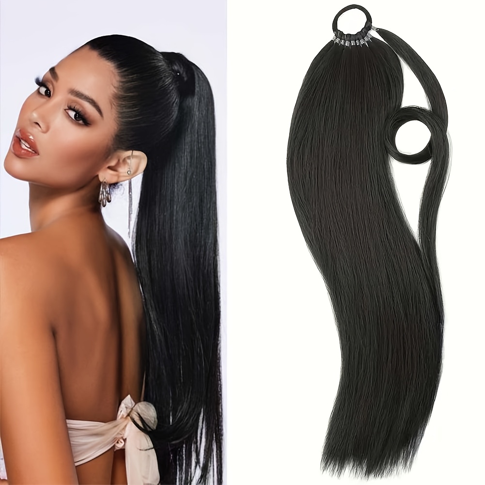 24 inch   straight braiding hair ponytail extension wrap around long straight ponytail with versatile elastic bands for women high temperature fiber   hair extension for women details 8