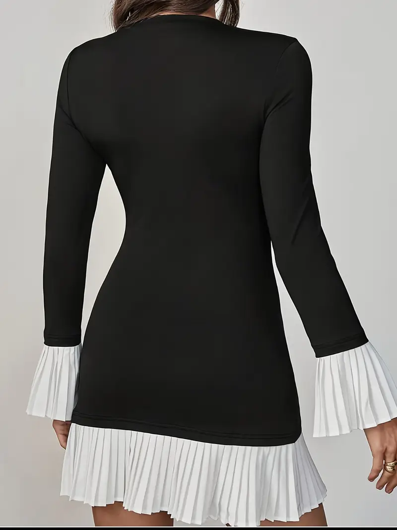 womens elegant black white pleated long sleeve mini dress - Temu Bahrain womens elegant black white pleated long sleeve mini dress - Temu Bahrain