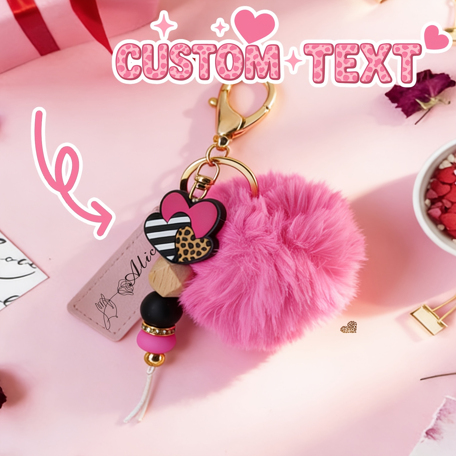 TEMU 1pc Personalized Name Pom Pom Keychain, Custom Charm, Pendant Key Ring, Pink Accessory, Aesthetic Car & Handbag Keychain For Women, Stylish Gift