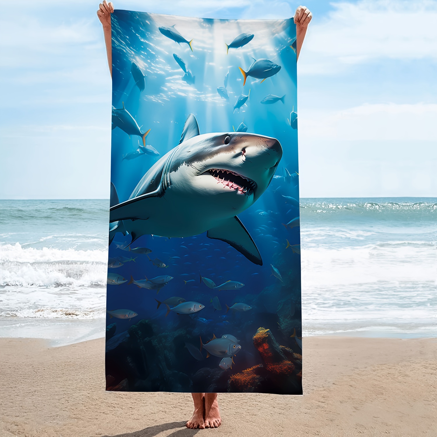 

1pc Shark Coral Microfiber Beach Towel, Summer Natural Ocean Oversized Beach Towel, Lightweight Sandproof Quick Drying Thin Absorbent Towel