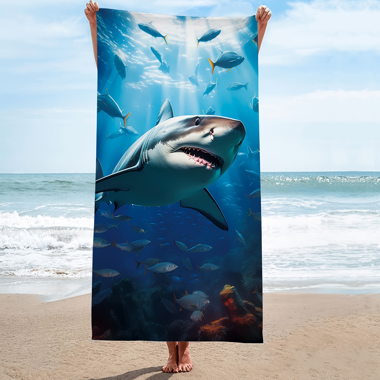 

1 serviette de plage Shark Coral en microfibre, serviette de plage d'été surdimensionnée avec motif océan naturel, serviette de plage légère, anti-sable, à séchage rapide, fine et absorbante.