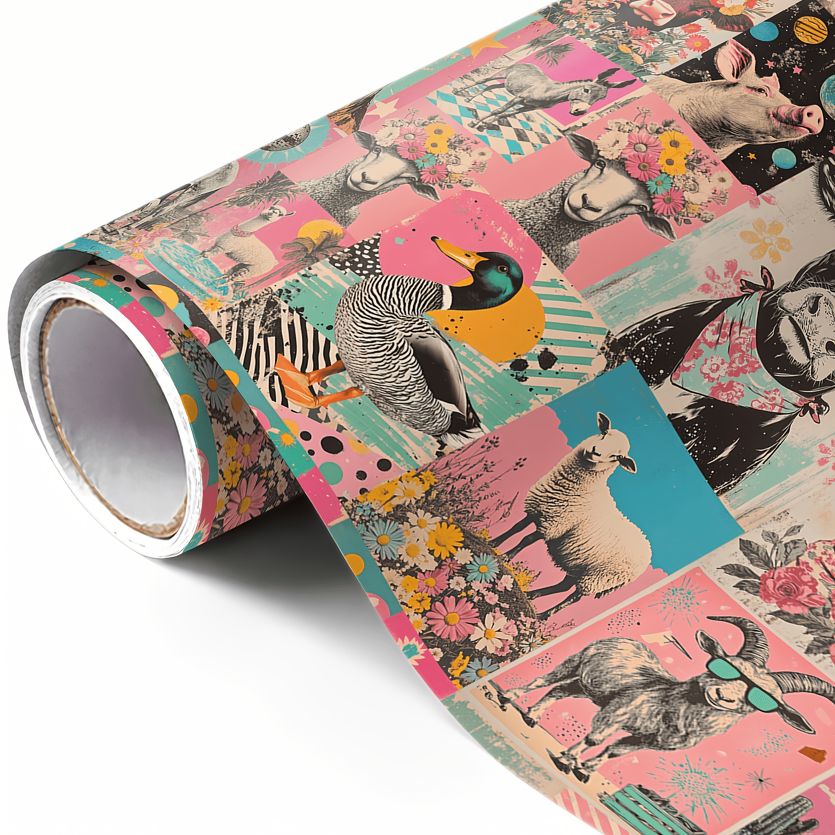 Image of Colorful Farm Animal & Flower Wrapping Paper Roll, Gift Wrap With Sheep, Pig, Duck, And , Thick Durable Paper For Birthday, Party, Diy Crafts & Celebration Packaging