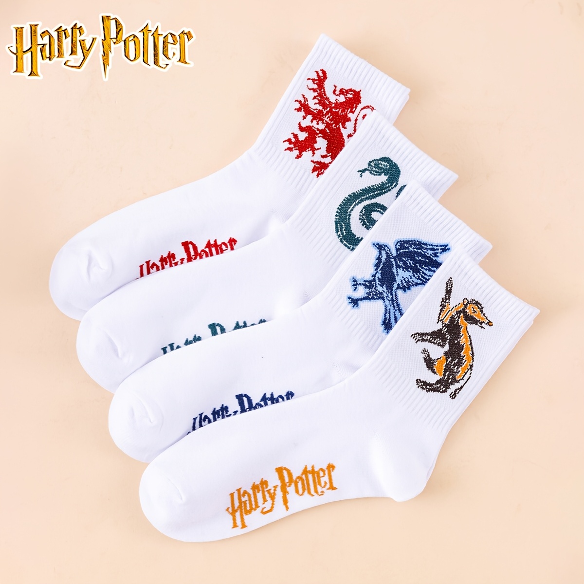 TEMU Harry Potter 1/4 Pairs House Crew Socks, Retro Preppy Mid-calf Breathable Socks With 4 House Crests, Unisex For Students And Couples, Ideal Gift
