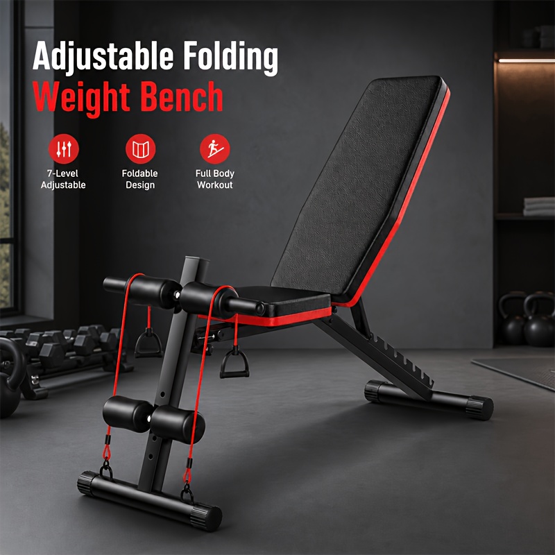 Image of Adjustable Foldable Weight Bench With Resistance Bands, 7-position Steel Workout Bench For Home Gym, Strength Training Sit Up Bench For Indoor &
