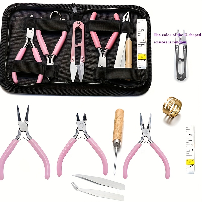 TEMU 9pcs/set Is A High-end Pliers Tool Kit For Jewelry Production, Including 3 Different Pink Multifunctional Pliers, 2 Tweezers, 1 Cone, -shaped