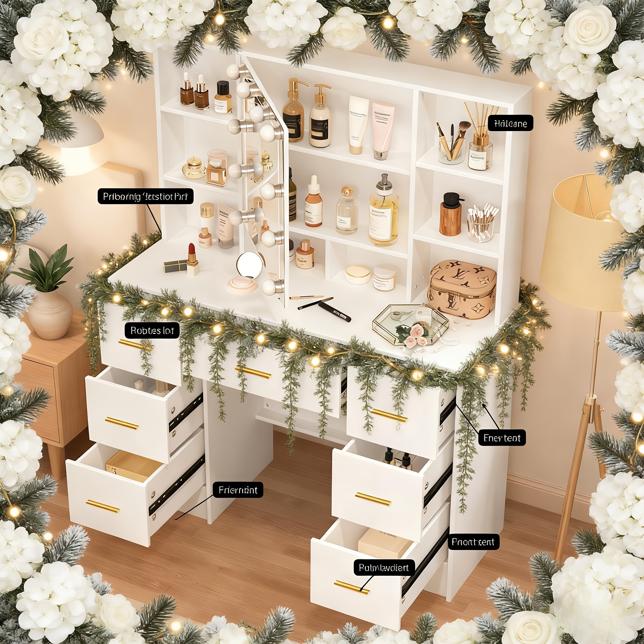 Makeup Vanity with Sliding Mirror and LED Lighting, 3 Modes