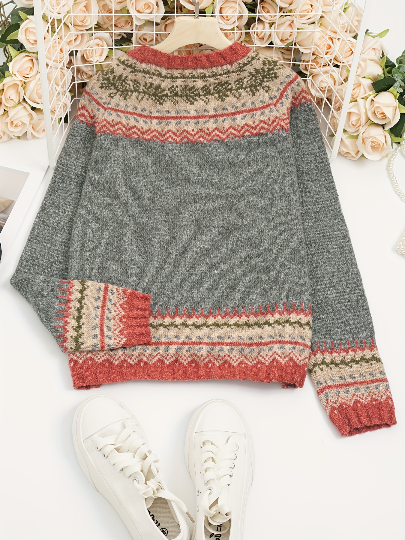 retro bohemian plüsch langarm pullover damen dicker warmer Temu