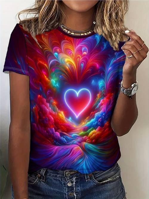 kurzärmliges t-shirt mit herz-print, lässiges oberteil mit rundhalsausschnitt für frühling und sommer, damenbekleidung