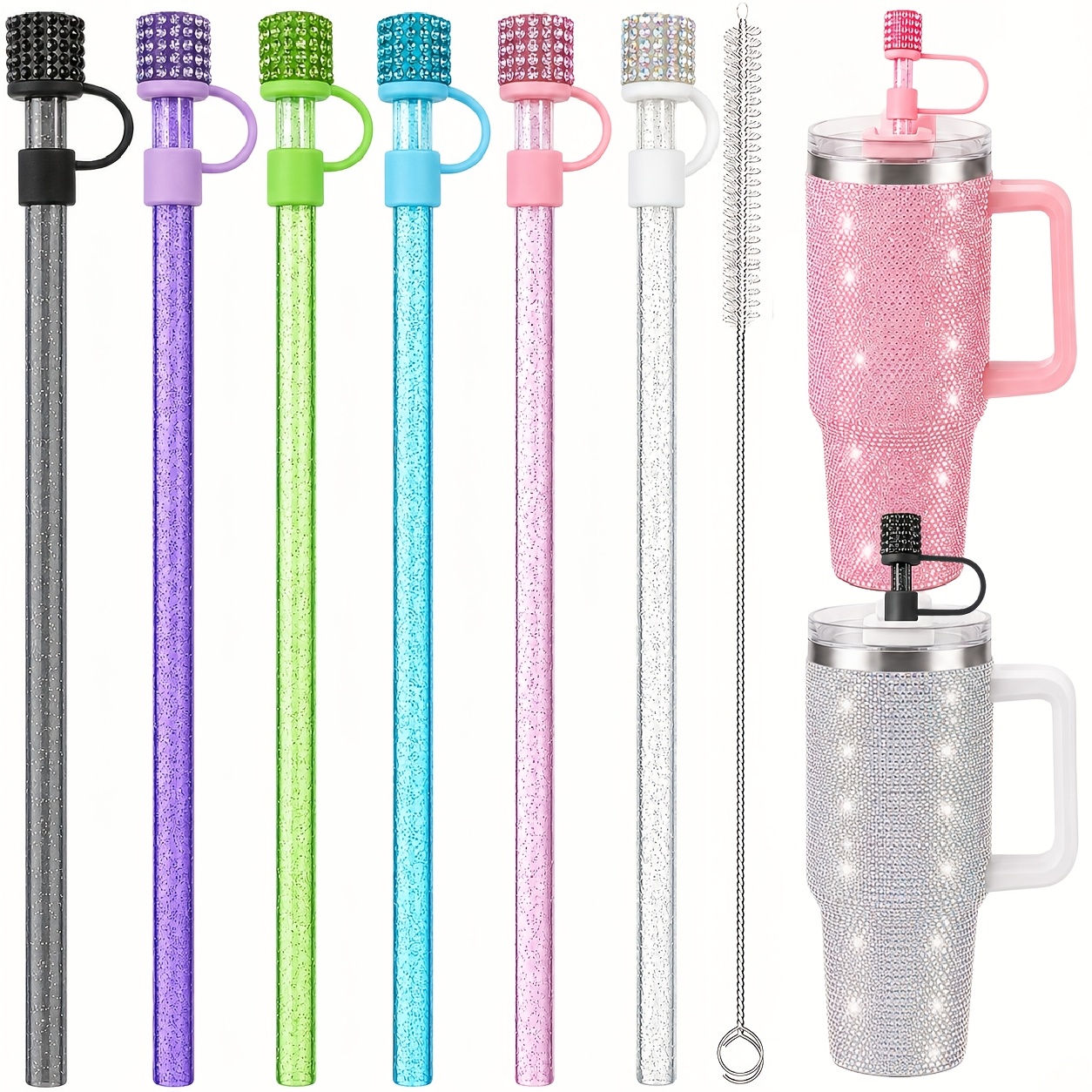 TEMU 13pcs Tumbler Straw Accessories Set, 6 Glitter Straws, 6 Rhinestone Straw Topper Caps And 1 Cleaning Brush, Sparkly Multicolor Straw Covers With