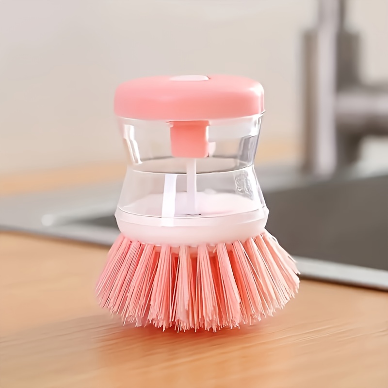 Image of Kitchen Cleaning Brush With Built-in Soap Dispenser, Reusable Plastic Dish Brush, , Suitable For Pots, Pans, And Dishes, No Charging Required, Manual Operation, For Home And Outdoor Use, 3 Colors