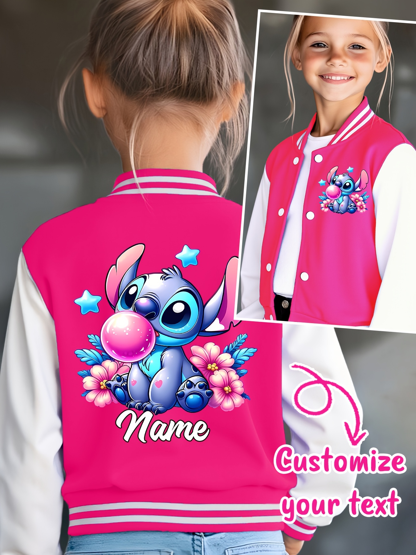 Customizable Stitch Girls' Baseball Jacket - Personalized Text, Autumn/Winter Casual Wear with Cute Stitch Print, Perfect for Halloween & Birthday Gifts, Kids Fashion Sportswear, Stitch Gifts, Festive Kids Clothing, Playful Kids Design, Durable Kids Clothing