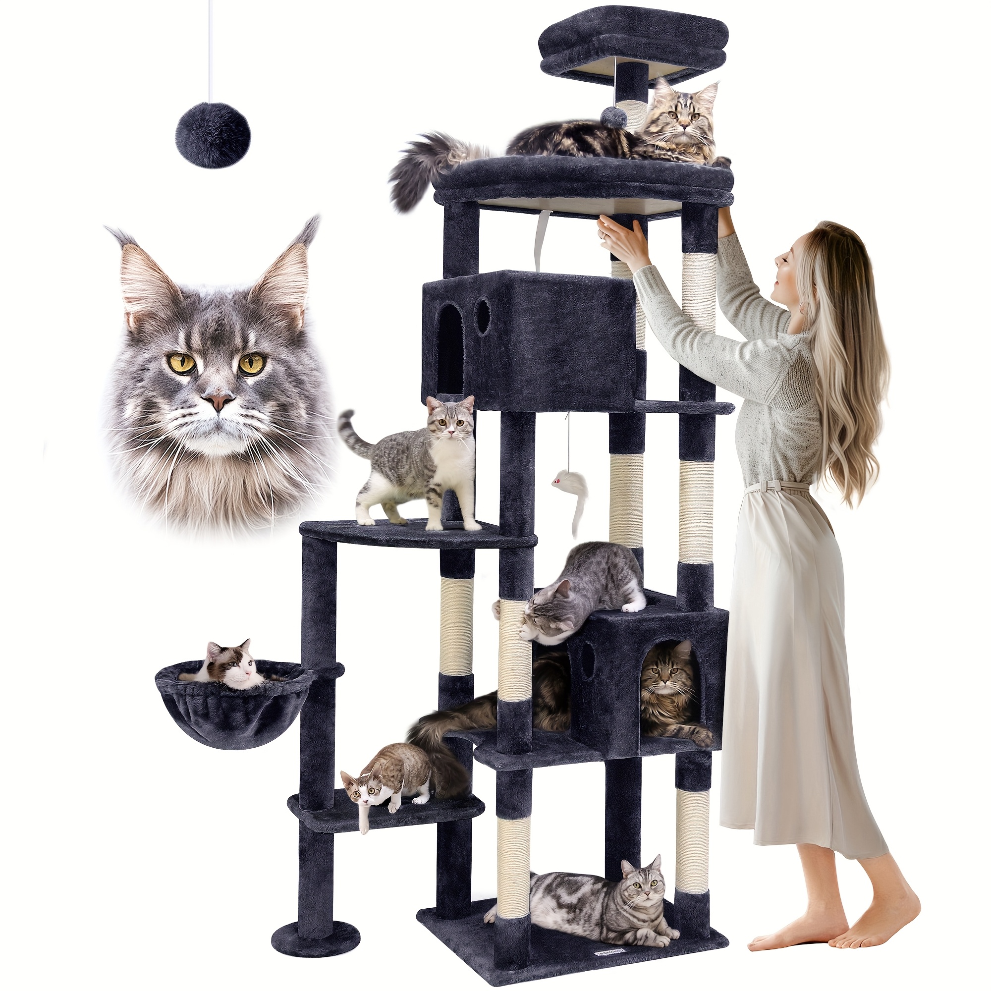 CT84C Tall Cat Tree, 83-inch XXL Cat Tower for Large Adult Cats (9.07 KG+). Features 9 Scratching Posts, Multiple Perches, And Cozy Hideouts.   Climbing, Scratching, And Enriching Your Indoor Cat S Playtime Experience