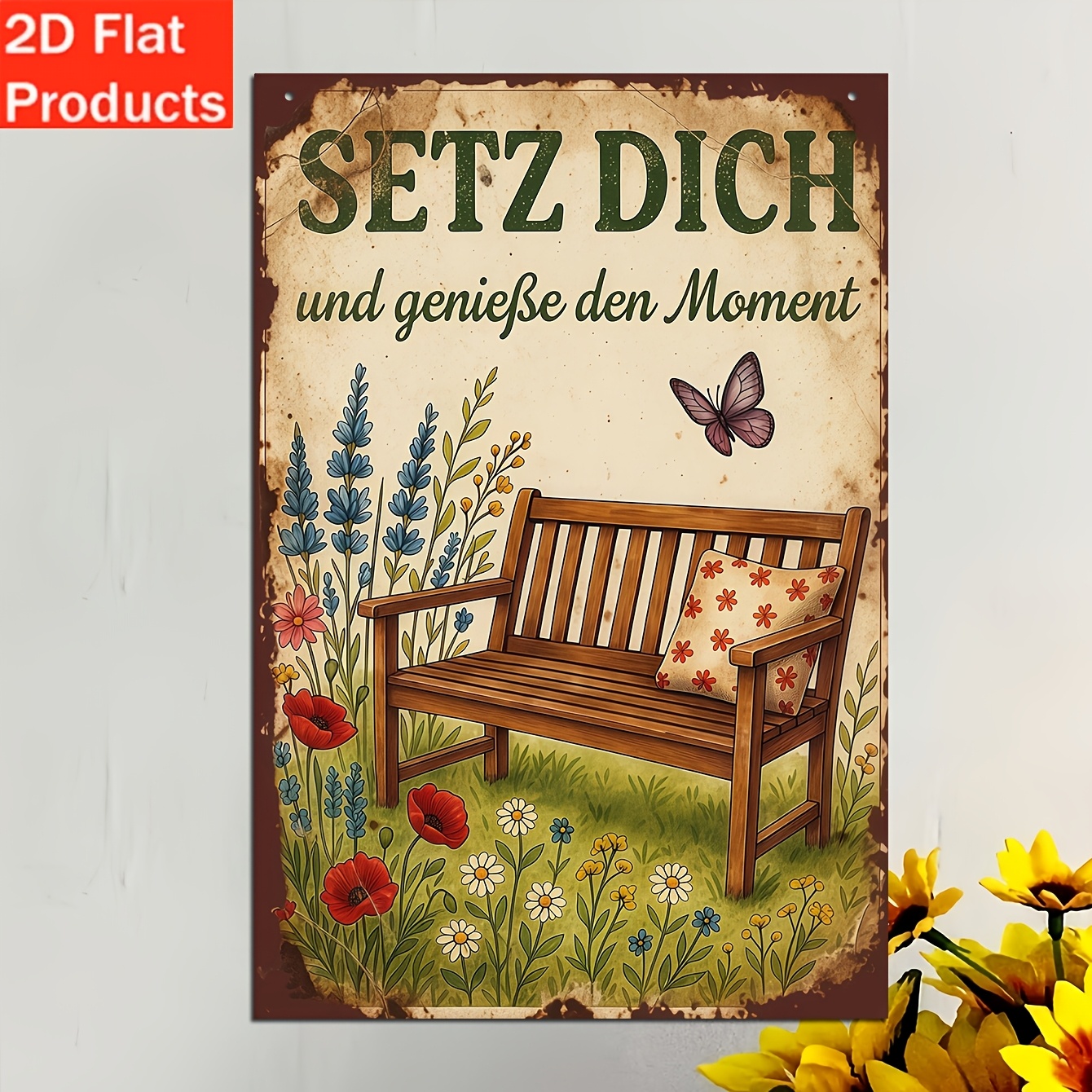 Image of 2d Flat, 1pc German Wall Plaque "sit Down, " Quote Sign - Vintage Artificial Suitable For Home, Café, Garden Decor With German Slogan & Garden Bench, Nostalgic Decoration For Study Or Gift, 2d Flat