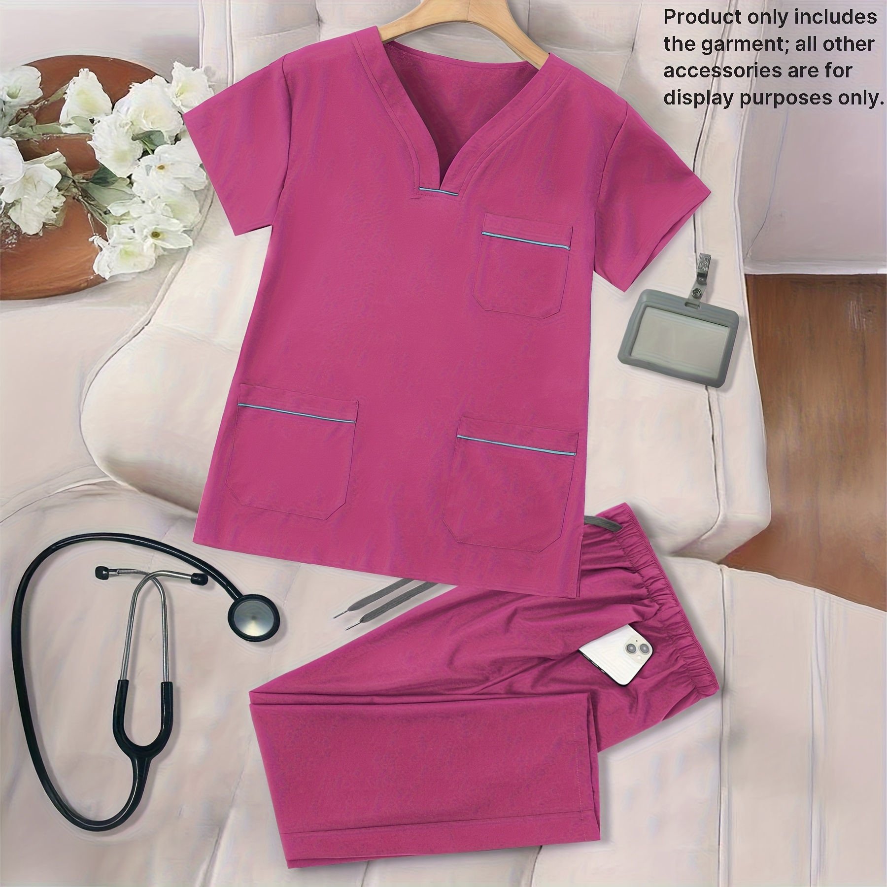 TEMU Set pezzi da donna con scollo a V, color block, , traspirante, con , uniforme, top da lavoro, pantaloni da lavoro, set e scollo pantaloni da