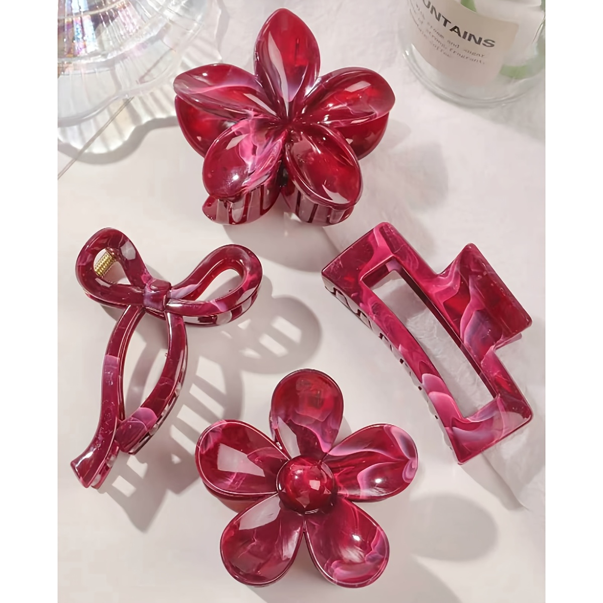 Image of 4pcs Acrylic Material Flower Bow Square Frangipani Hair Claw Clips, Marble Print, Bohemian Style Updo Hair Clips