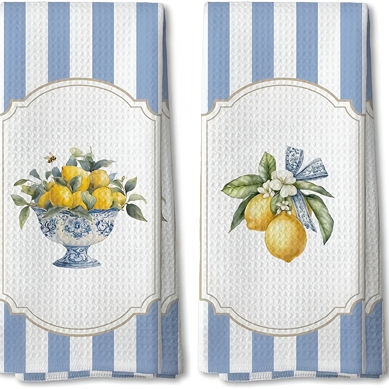TEMU Blue And White Chinese Lemon Pattern Kitchen Napkin Tea Towel 16x24 Inches, Porcelain Lemon Tree Striped Decorative Hand Towel, Bathroom And