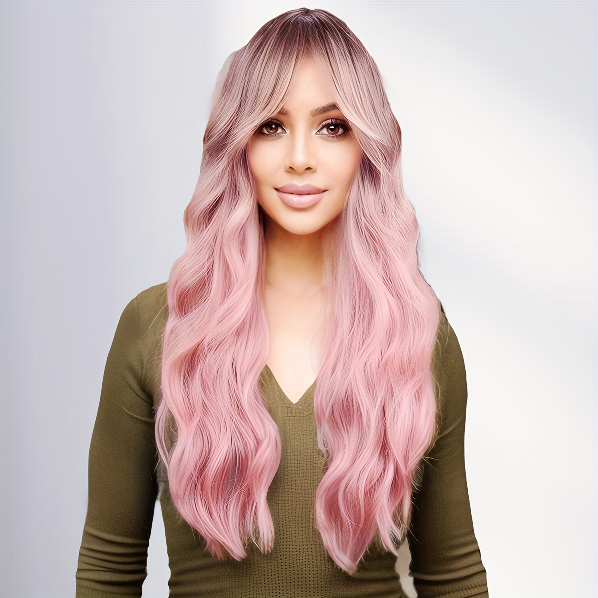 Image of Long Pink Wig. A Long Wavy Pink Bangs Wig For Women, Made Of Synthetic Heat-resistant Fibers And Is 28 Inches In Length, Suitable For Daily Use