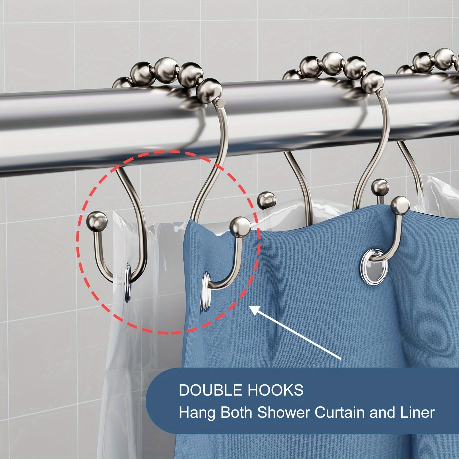 12pcs Stainless Steel Shower Curtain Hooks - Rustproof, Drop-Resistant With Double Ear Design For Easy Installation &amp; Durable Bathroom Use