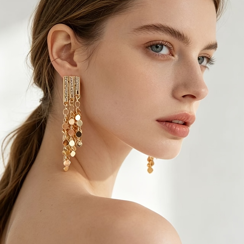 Light Luxury Tassel Sequin Stud Earrings, Dynamic Sparkling Style