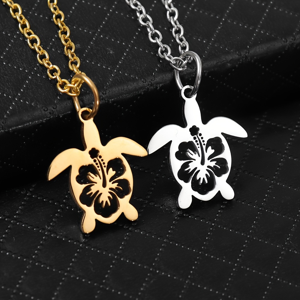 

A Trendy Stainless Steel Hollow Turtle Pendant Necklace, Creative Floral Accessory, Holiday Gift Jewelry.