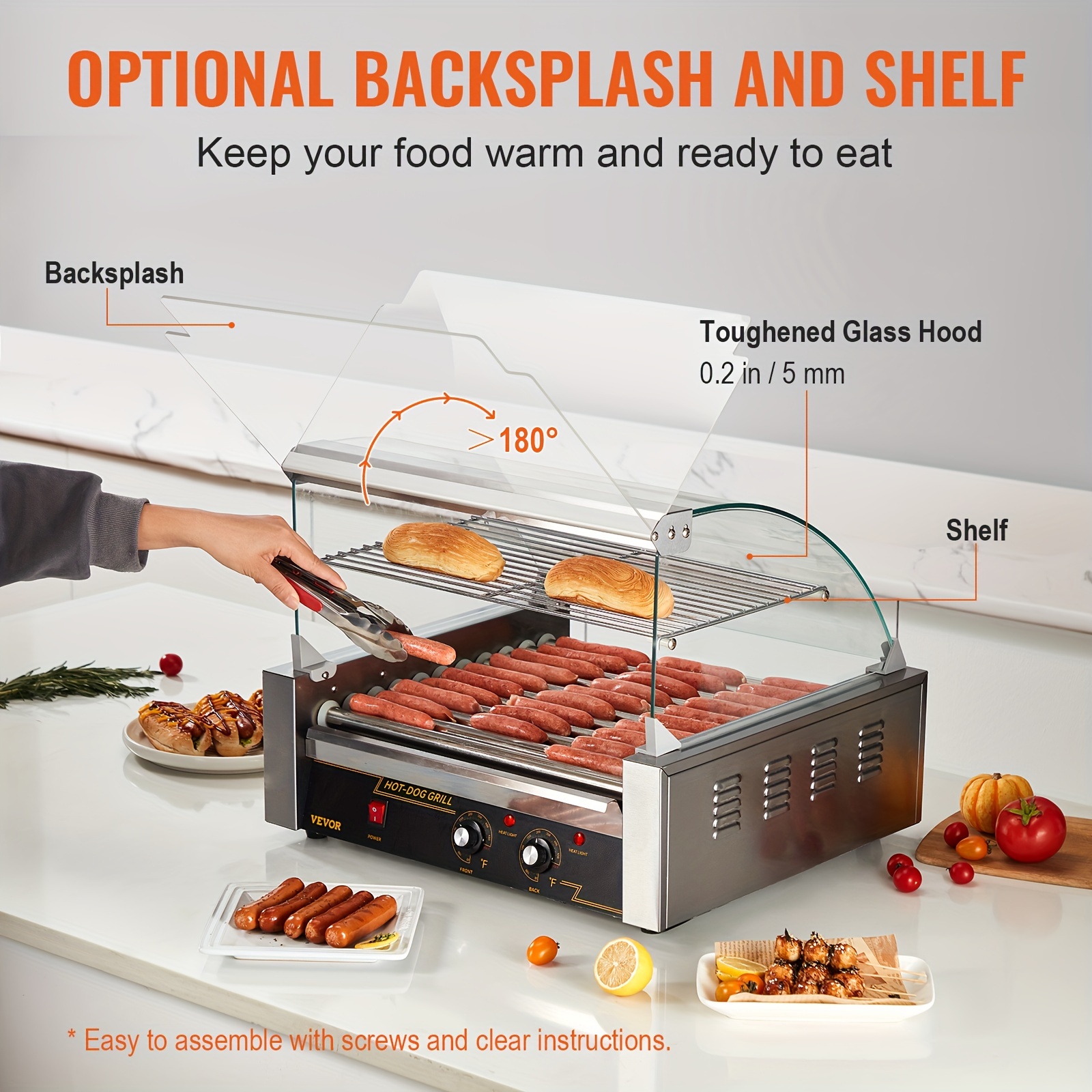  hot dog roller 11 rollers 30 hot dogs capacity 1650w stainless sausage grill cooker machine with hood acrylic cover bun warmer shelf removable drip tray etl certified details 2