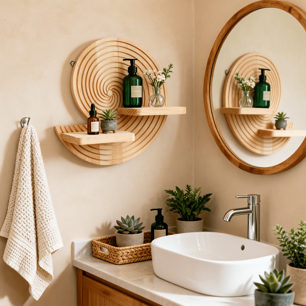 Circular Spiral Wooden Wall Shelf – Natural Wood Floating Shelf with Bohemian Geometric Design, Ideal for Bathroom, Living Room, Bedroom Decor – Space-Saving Storage Rack, Unique Wall Art Decor