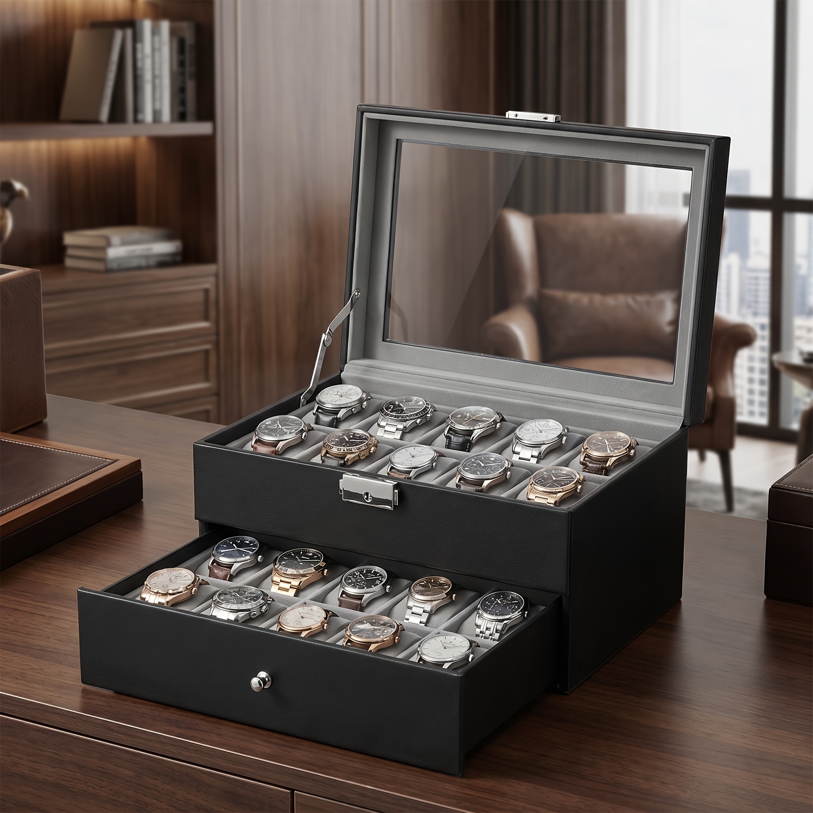 Image of Watch Storage With Glass Lid, 2-tier Watch Box, Gift Idea For Men, Removable Cushions, Pu, Black, 20.2 X 25.5 X 7.8cm