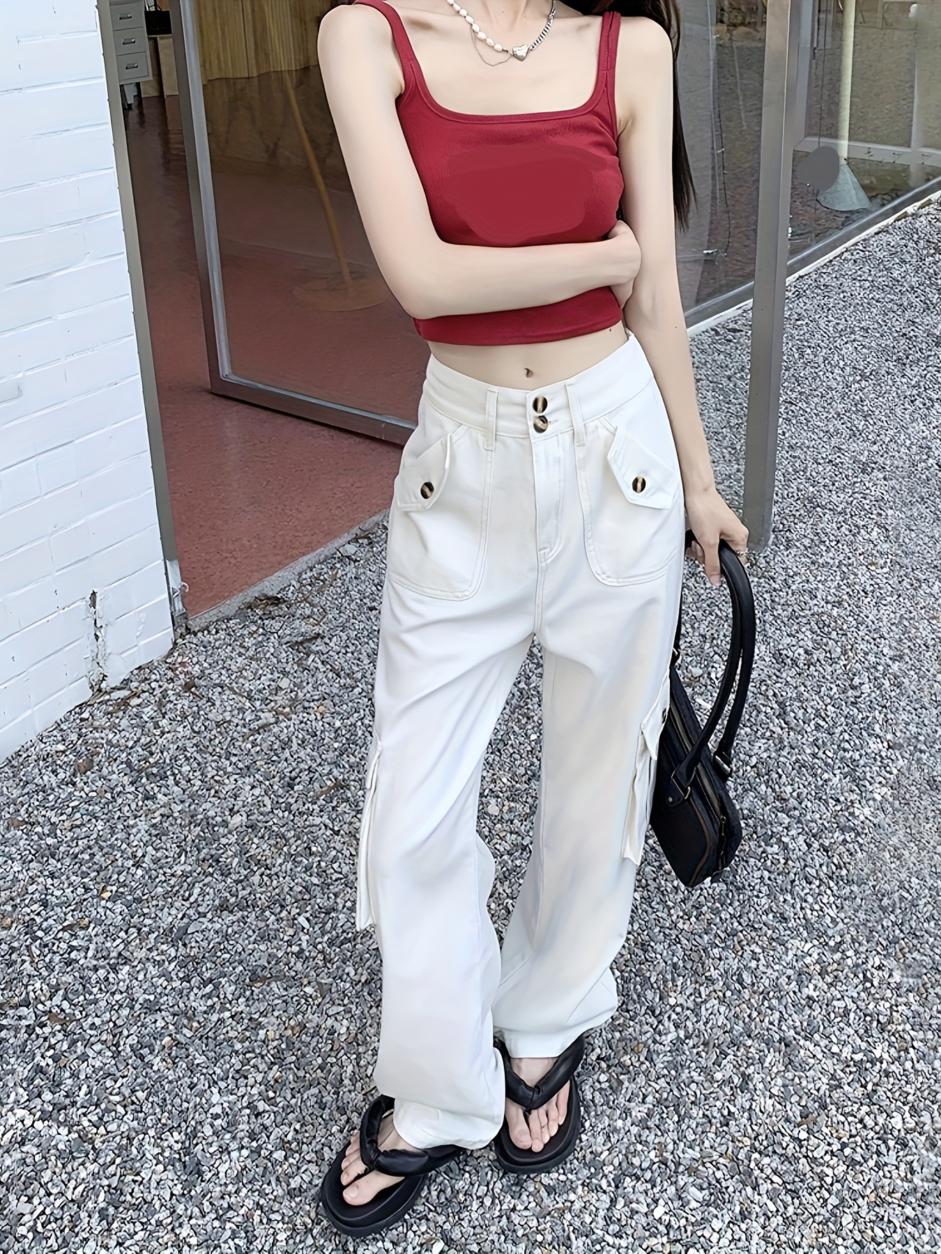 Loose Fit High Rise Cargo Pants High Waist Flap Pockets Non - Temu Germany
