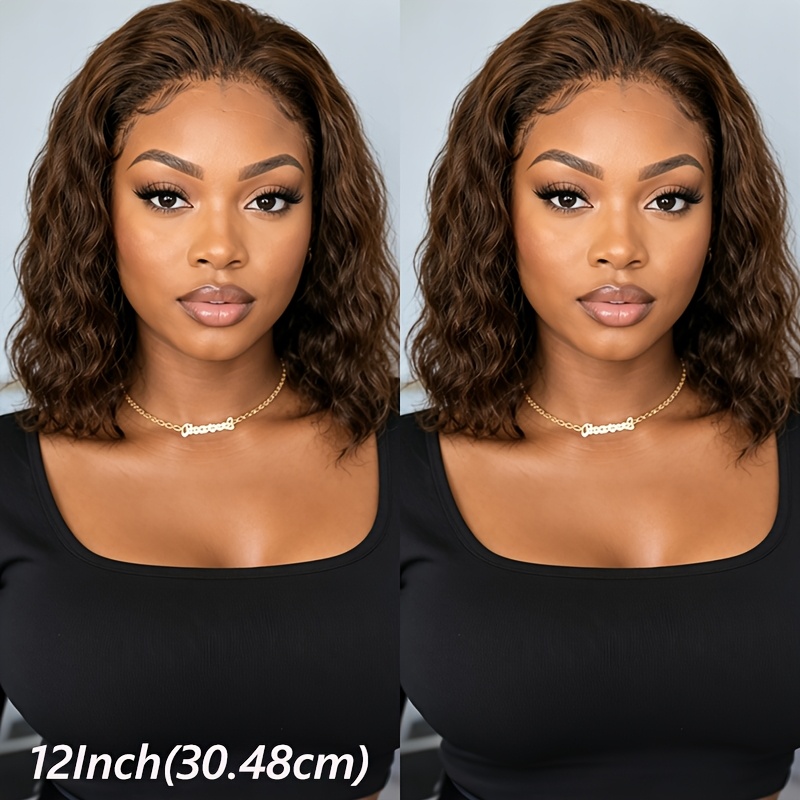 Image of 12 Inch Brown Color Water Wave Human Hair Wig With Curly Bangs 150% Density 4x4 Lace Frontal Loose Wave Bob Wigs Brazilian Hair Comfortable Cap Wig For For Parties And