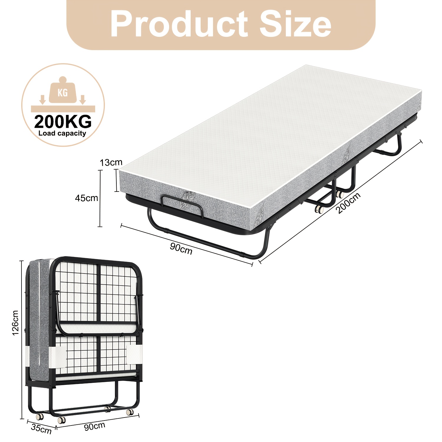 Image of Folding Bed 90 X 200cm With 13cm Mattress, Foldable Guest Bed With Sturdy Metal Frame, 4 Wheels, Cover And 200kg Load Capacity, Space- Bed For , Living Room & Camping