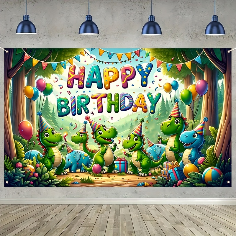 

Jungle Dinosaur Birthday Banner - Vibrant Green & Colorful Balloons, Polyester Party Decor For Celebrations, Photo Booth Props & Cake Table Accessories