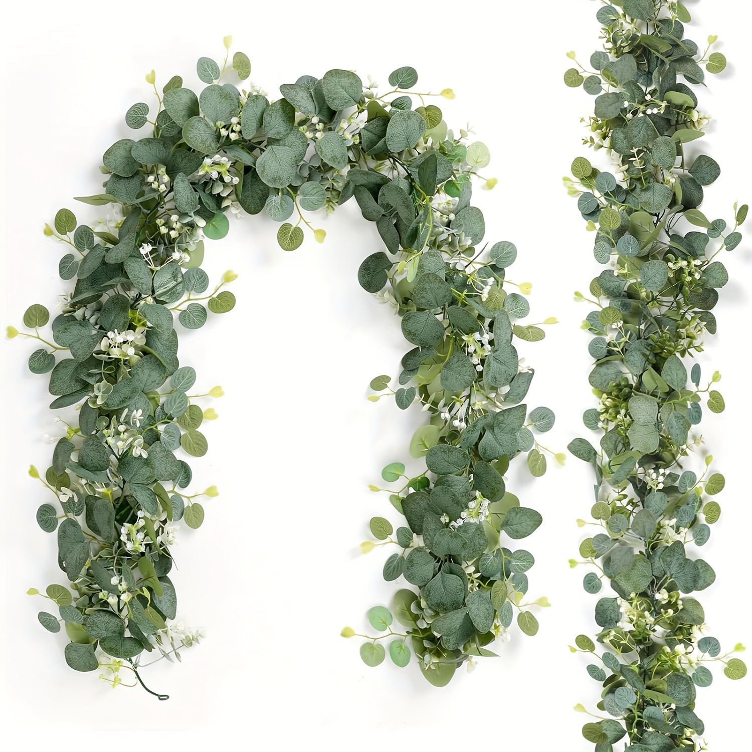 

1pc Faux Eucalyptus Garland 5.9ft, Artificial Greenery Plant With White Flowers, Rustic Boxwood Vines For Wedding, Home, Party, Table, Wall Decor, Fake Hanging Plant For Decoration
