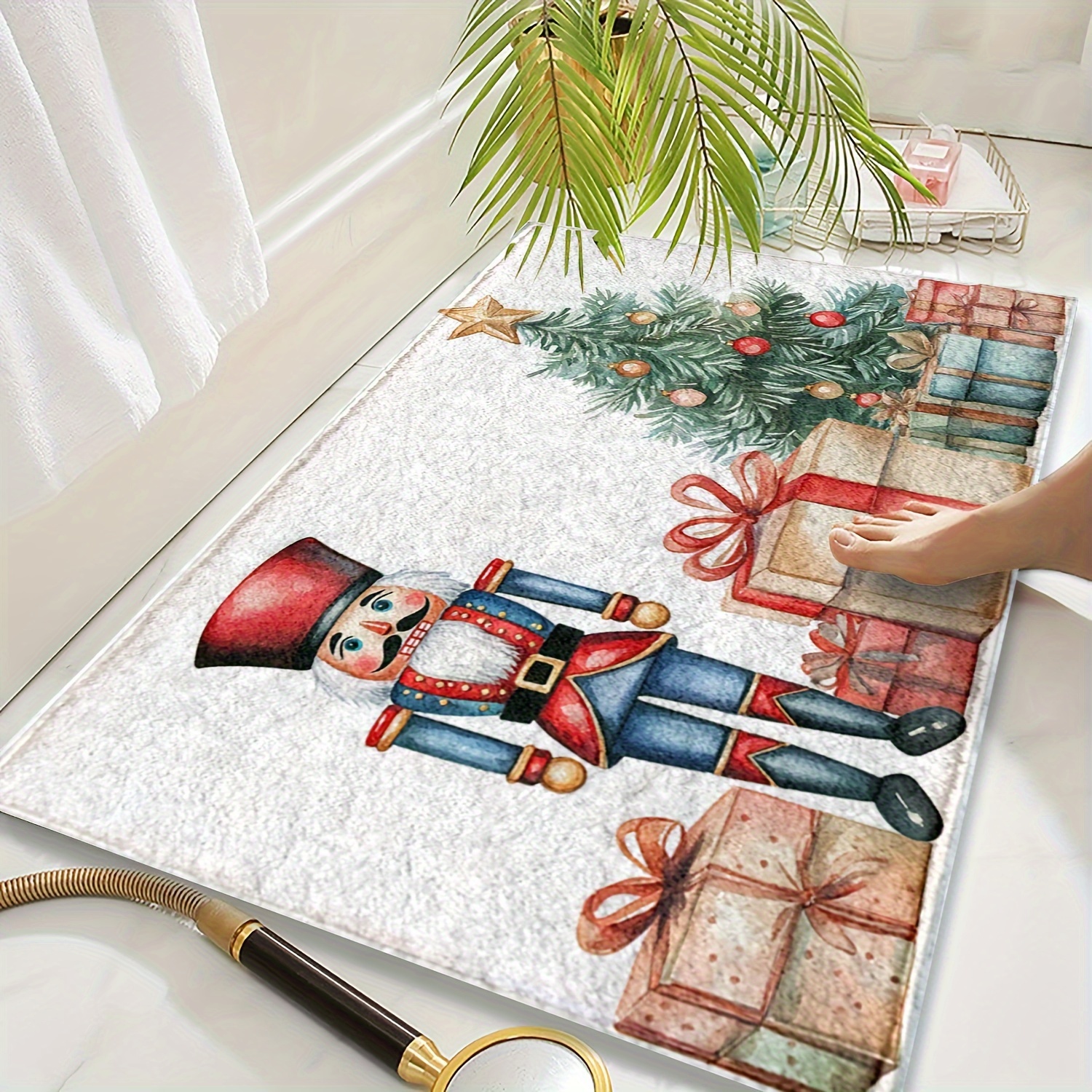 

Christmas Nutcracker & Gift Design Microfiber Bath Mat - Quick-dry, Absorbent, Non-slip, Machine Washable Rug For Kitchen, Bathroom, And Home Decor, Fluffy Plush Winter Decor Decoration