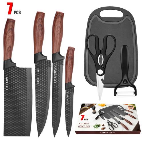 professional 6 7 kitchen knife set chefs knife slicing knife scraper and scissors high carbon stainless steel with anti stick ergonomic wooden handle chefs knife set suitable for family travel gift box set