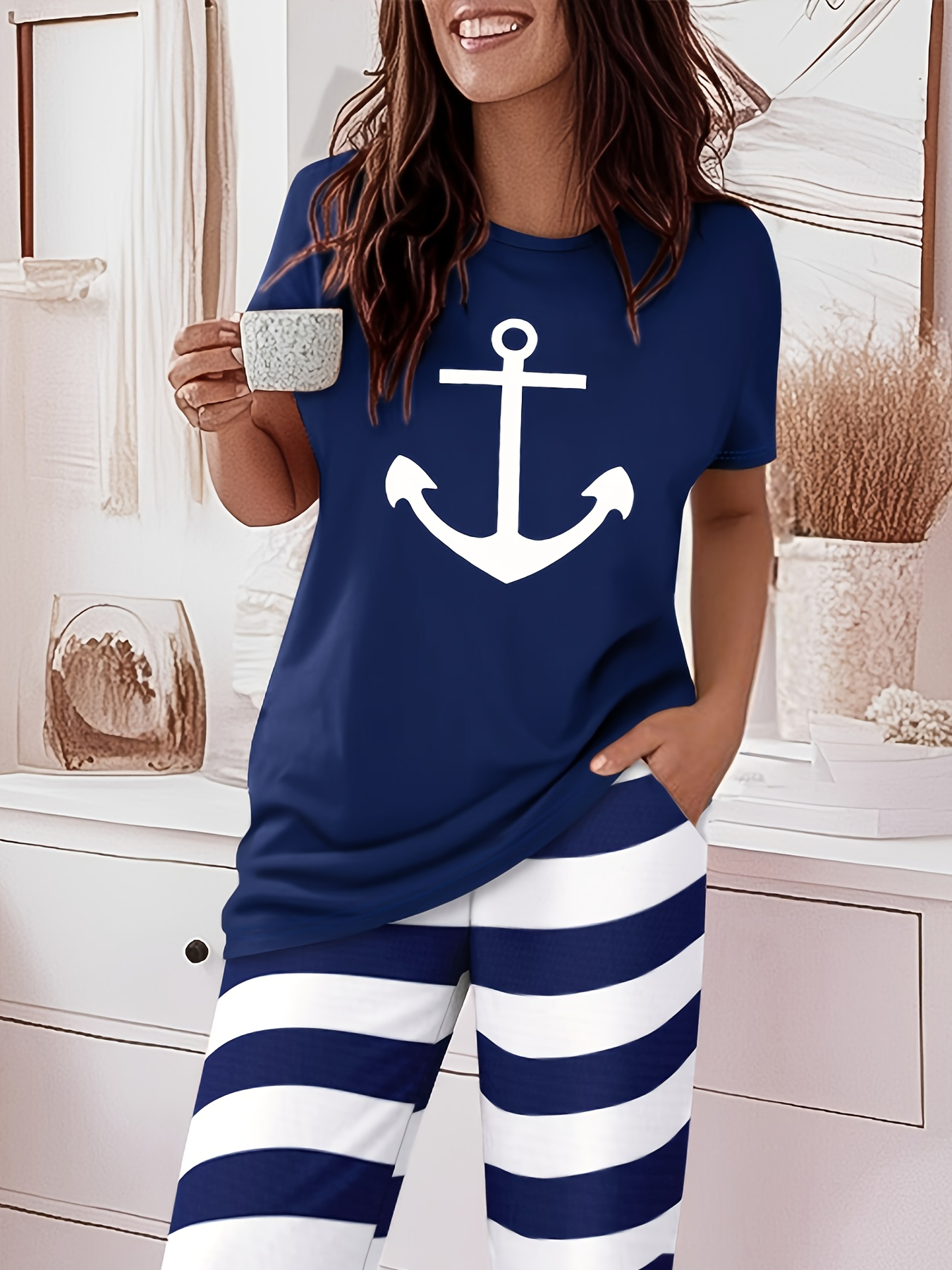 2pcs printed round neck short sleeve set gradient printed loose pants womens summer pajama set breathable   clothing two piece set Product details 9