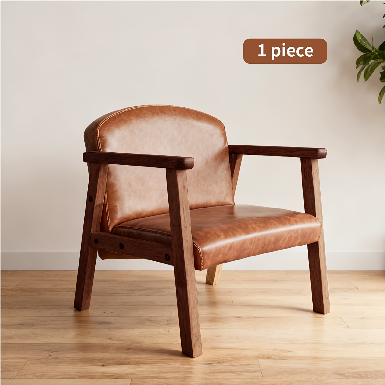 solid rubberwood faux leather outdoor chair heavy duty frame with cushioned brown wood leather   for garden easy assembly no tools sturdy sofa like chair for s