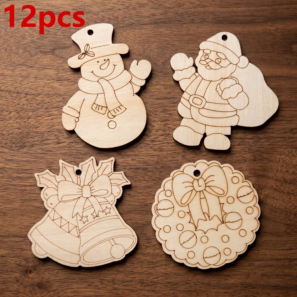 TEMU 12pcs Wooden Christmas Ornament Set, Includes 4 Different Diy Blank Wood Carving Designs: Santa Claus, Christmas Tree Ball, Snowman, And