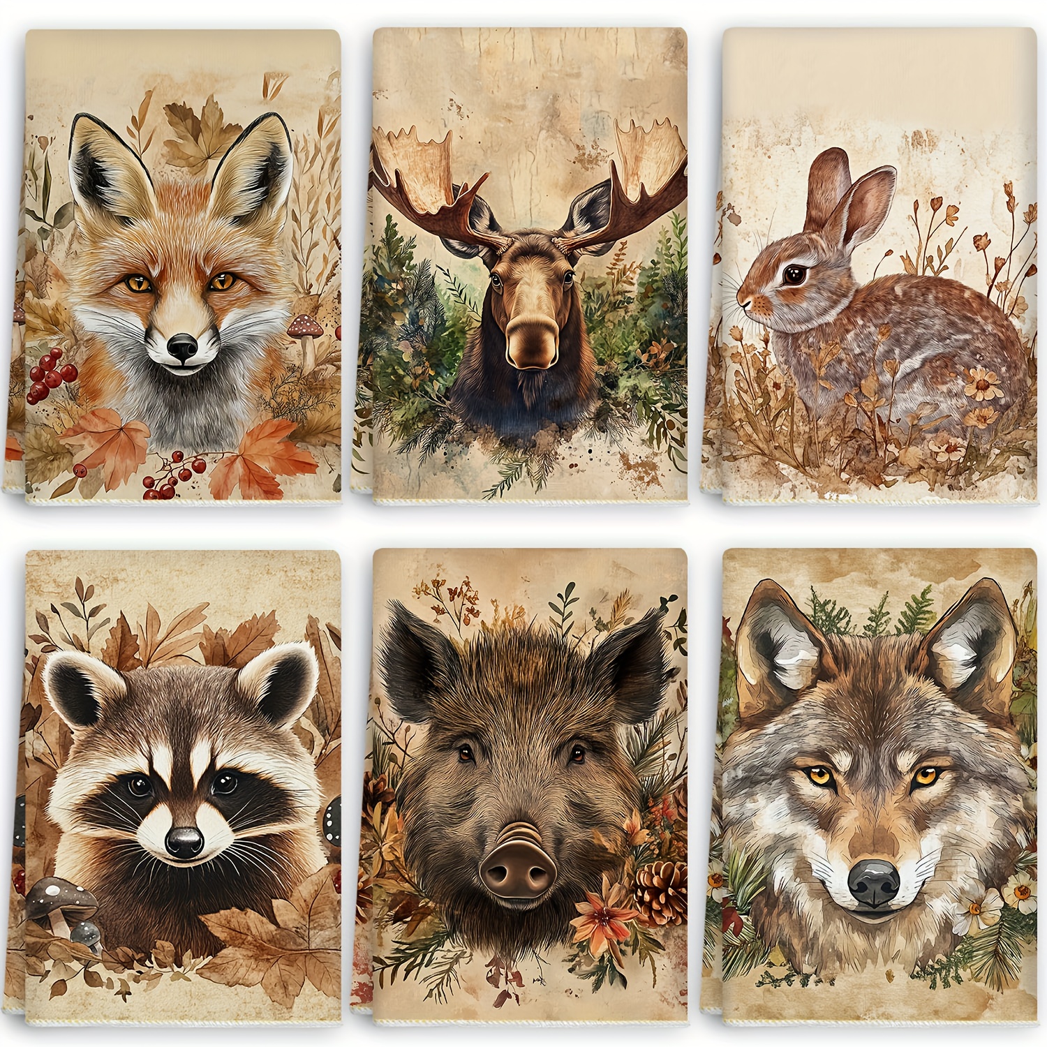 6pcs Forest Animal Pattern Kitchen Towels, Decorative Wildlife Tea Towels, Kitchen Hand Towels