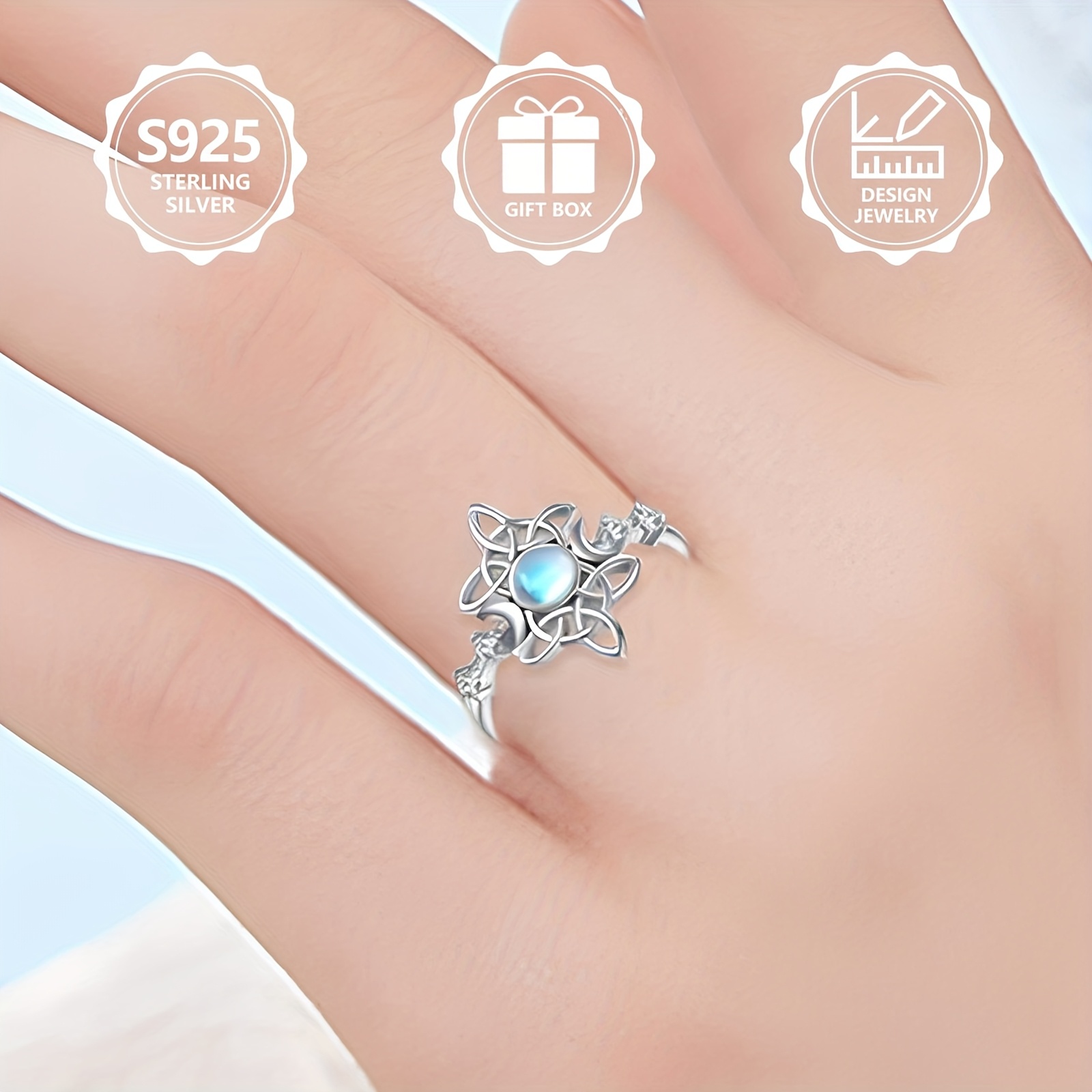 925 Silver Women's Ring with Witch Knot Symbol and Moonlight Stone