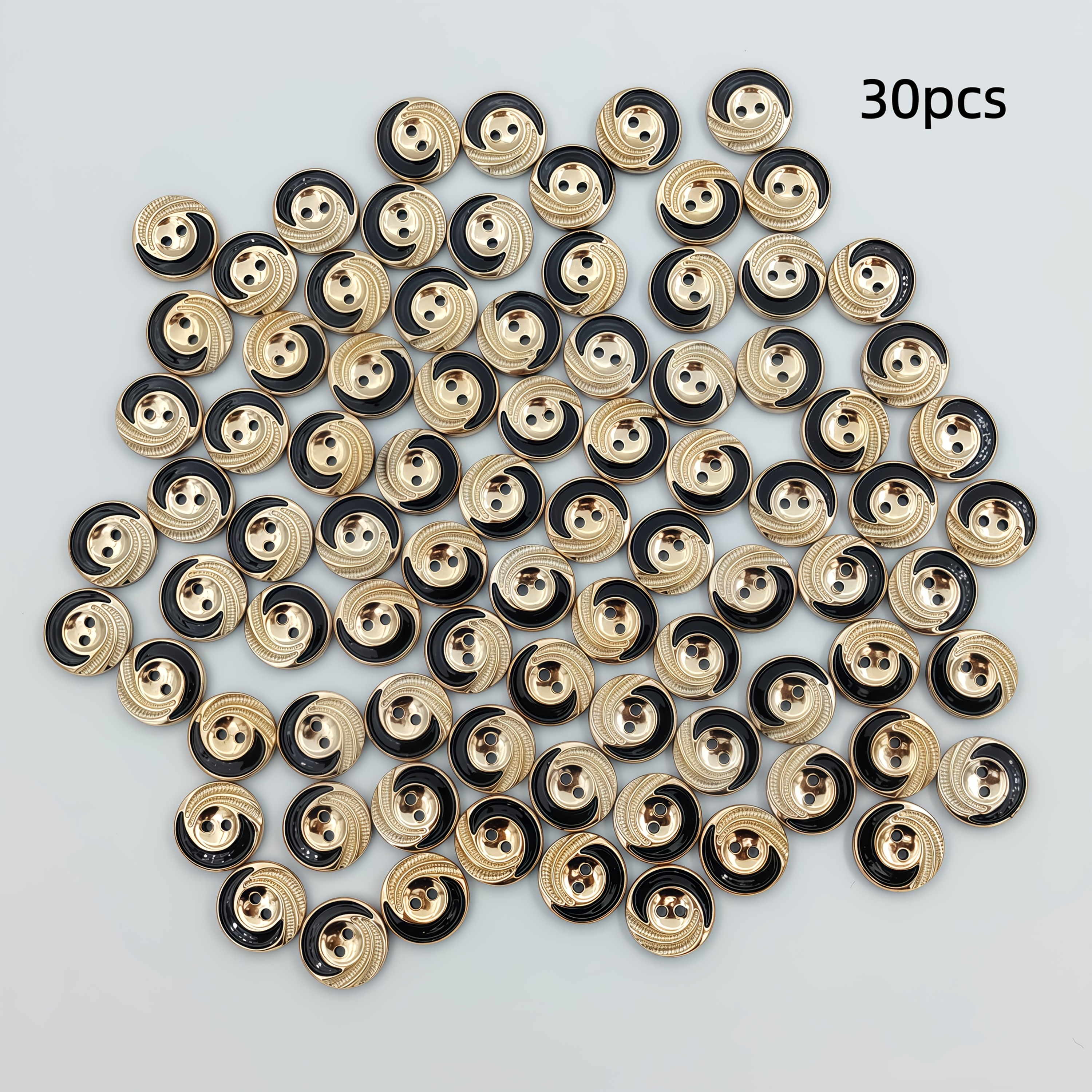 TEMU 30pcs Of 1.5cm Stylish And Trendy Minimalist -hole Plastic Buttons In Black And Golden, Featuring A Retro High-end Design Suitable For European