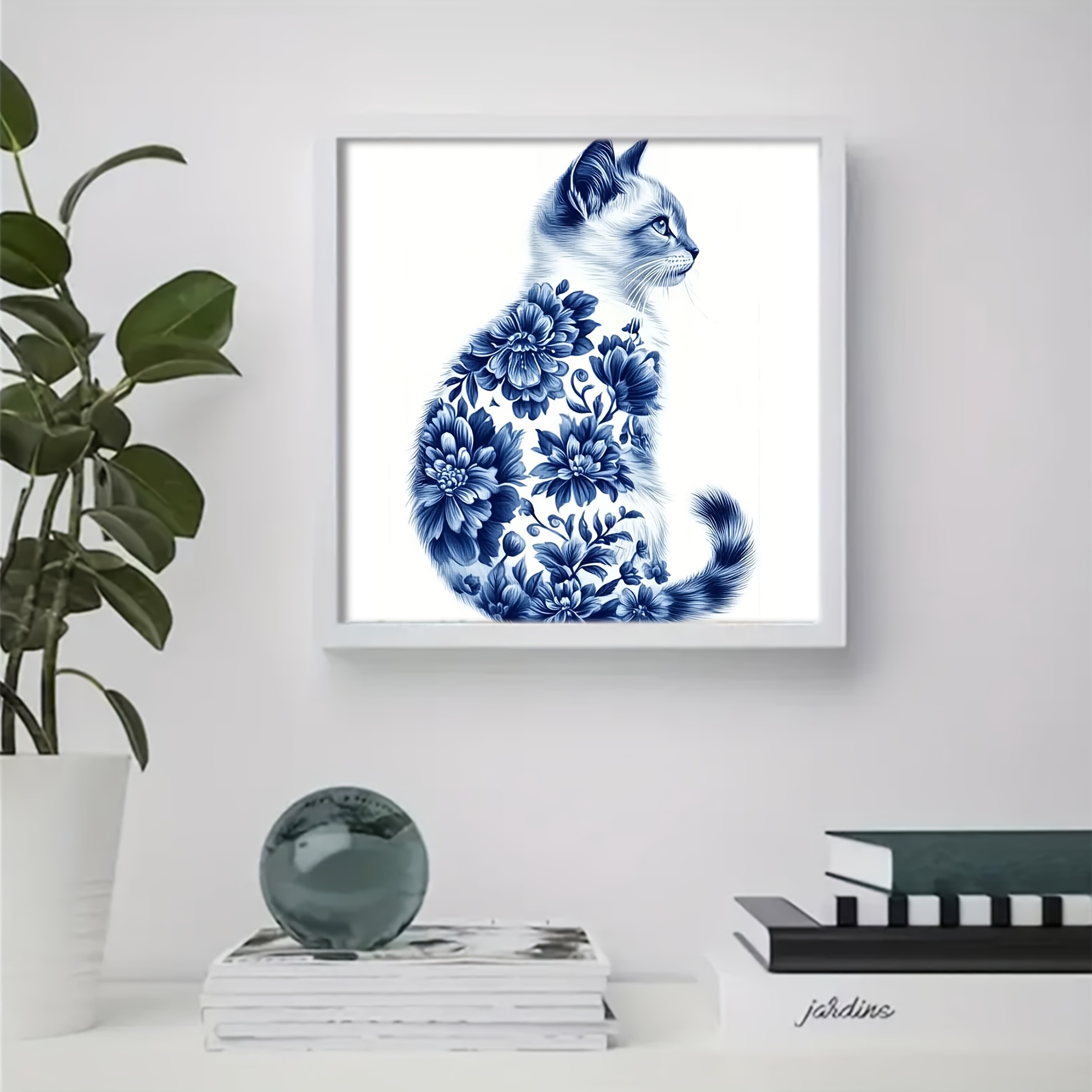 TEMU Kit de broderie point de croix 1 ensemble - Kit de peinture créatif sur le thème du chat bleu et blanc, fournitures de couture d'art DIY avec