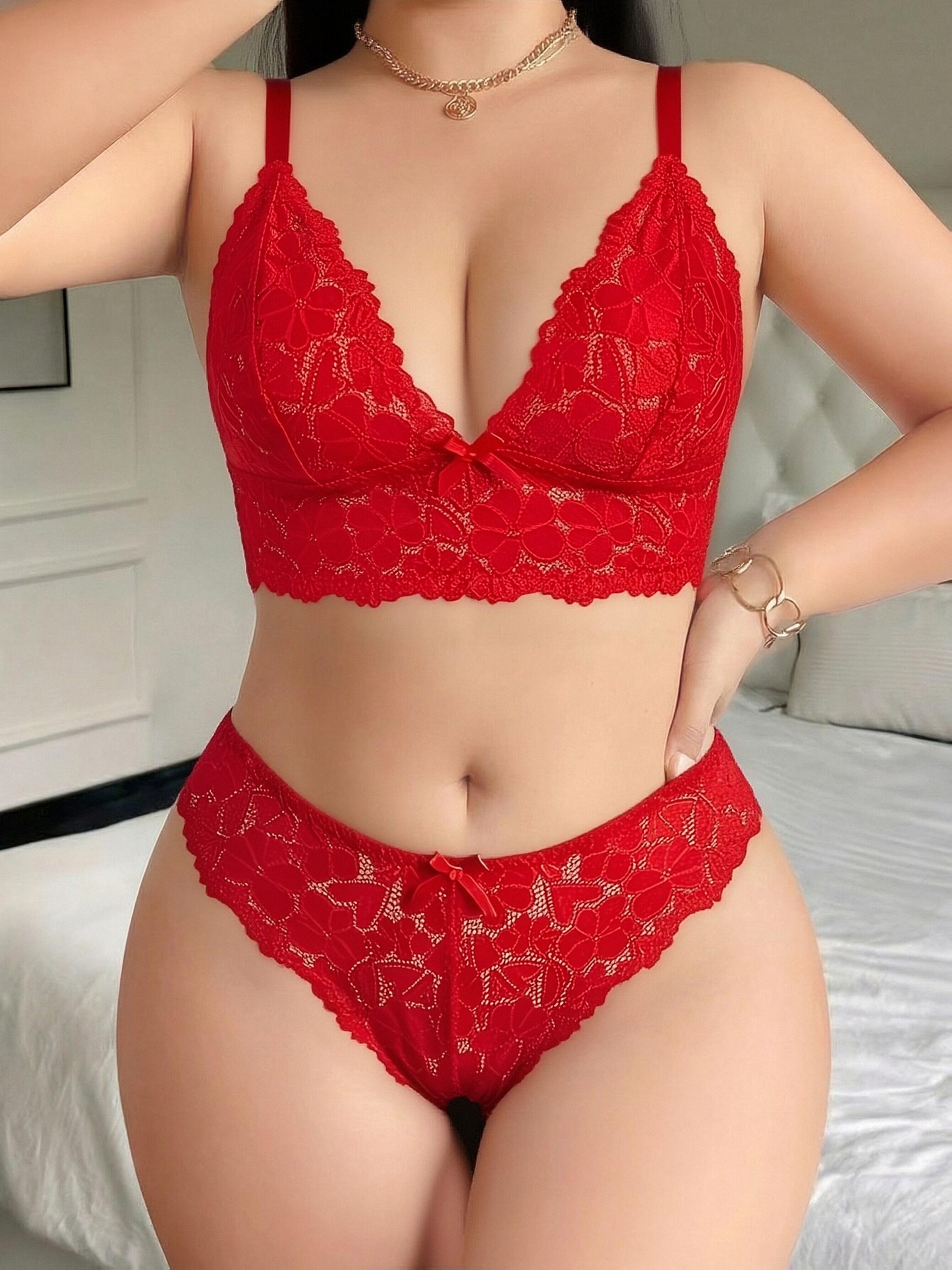 2pcs Set, Plus Size Red Women'S Lingerie Set, Heart-Shaped Lace Fabric, Breathable And Sexy, Suitable for Various Occasions Like Parties, Dates, And More
