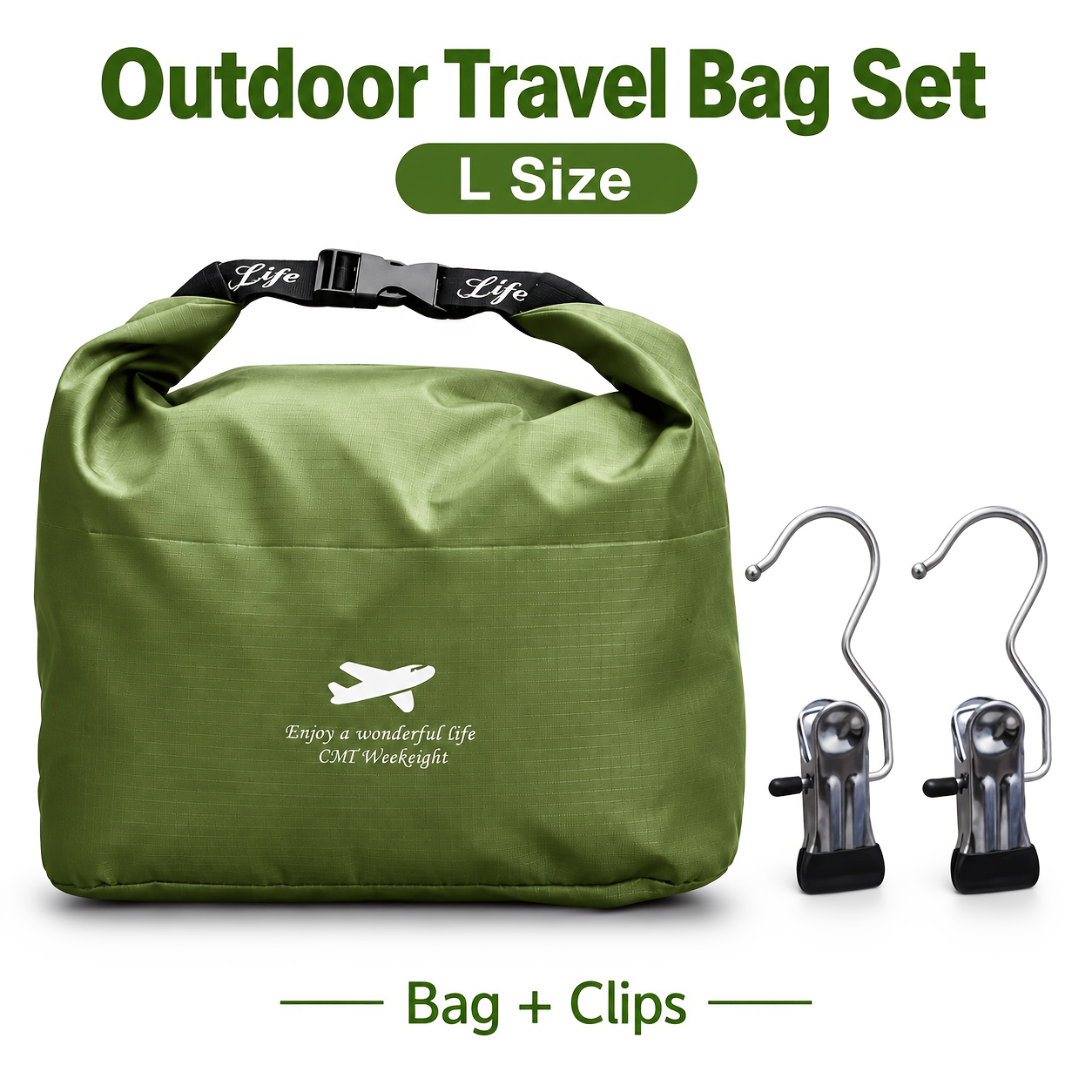 TEMU 3pcs Large-capacity Outdoor Travel Bag Set(includes Bag And 2 Portable Clip Hook), Lightweight Foldable Outdoor Storage Bag For Camping Hiking