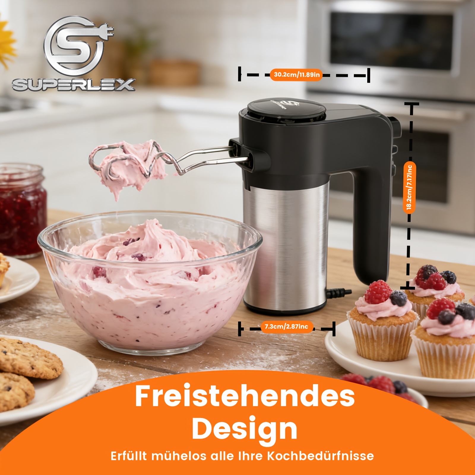 E-shop Der SUPERLEX Elektrische Handmixer verfügt über mehrere Funktionen, fünf Geschwindigkeitsstufen und beinhaltet Teigklingen. Er bietet einfache