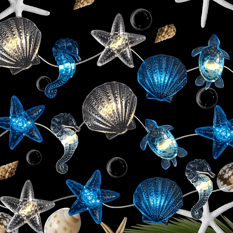 TEMU Guirlande lumineuse à fil avec une LED et un thème océanique, avec des coquillages, de mer, hippocampes et (fonctionne sur piles). Fabriquée en