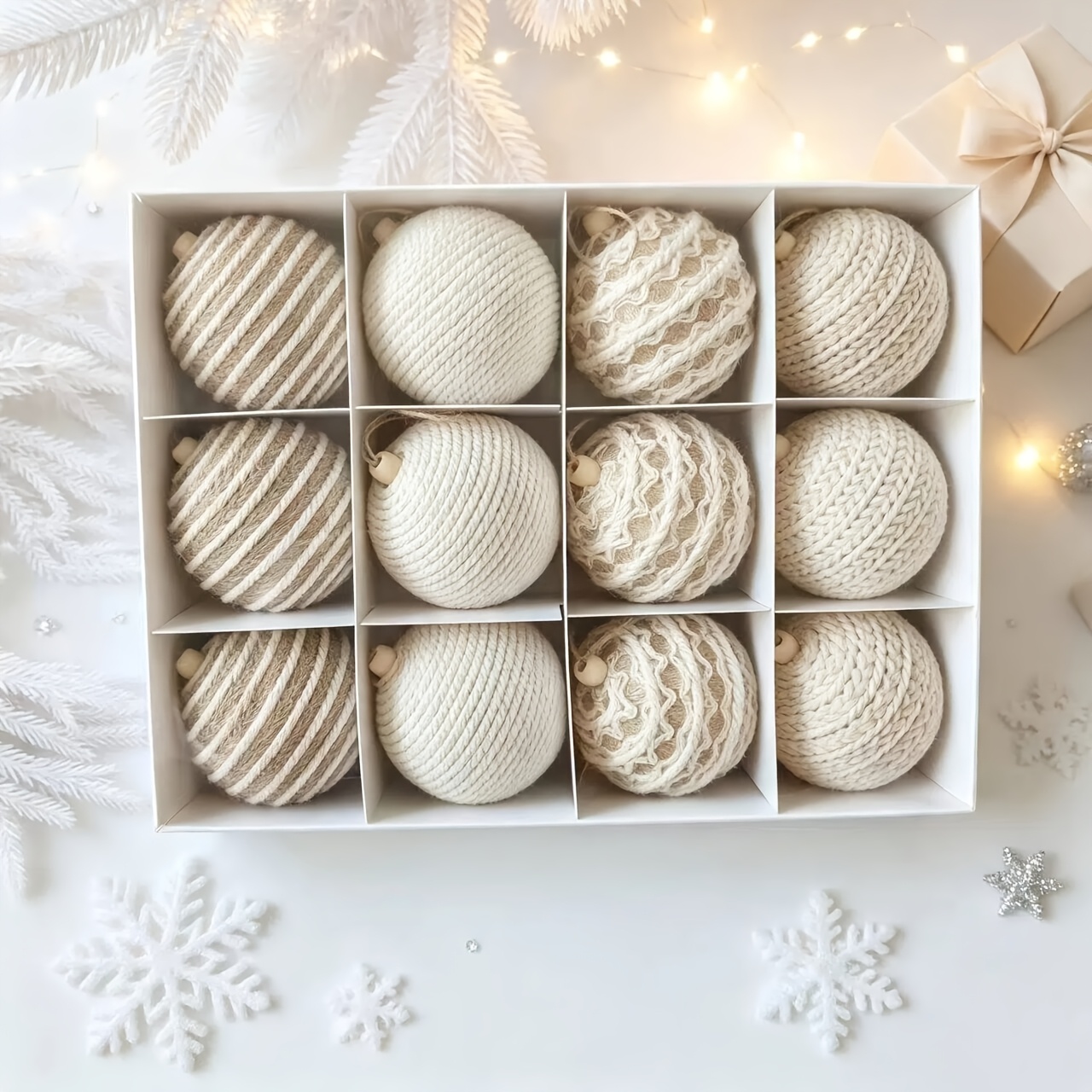 TEMU 12pcs Set - 8cm Handmade Hemp Rope Pattern Vintage Christmas Ball Set, Christmas Decoration Hanging Ball, Ins , With Hanging Head And Matching