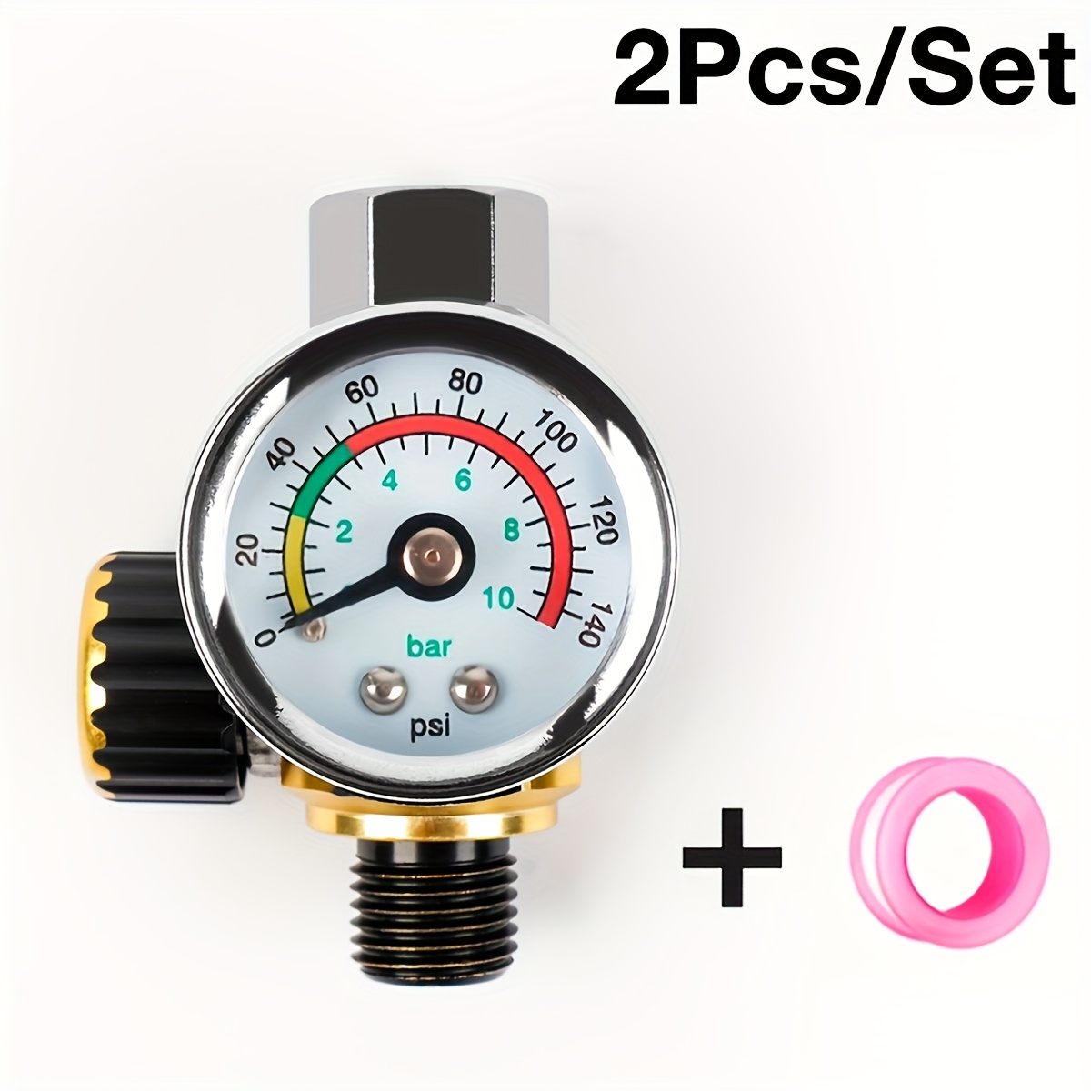 TEMU 2pcs/set Heavy-duty Paint Gun Metal Pressure Regulating Gauge, Including A Roll Of Material Tape, With Easy-to-adjust Knob And , 1/4 Universal