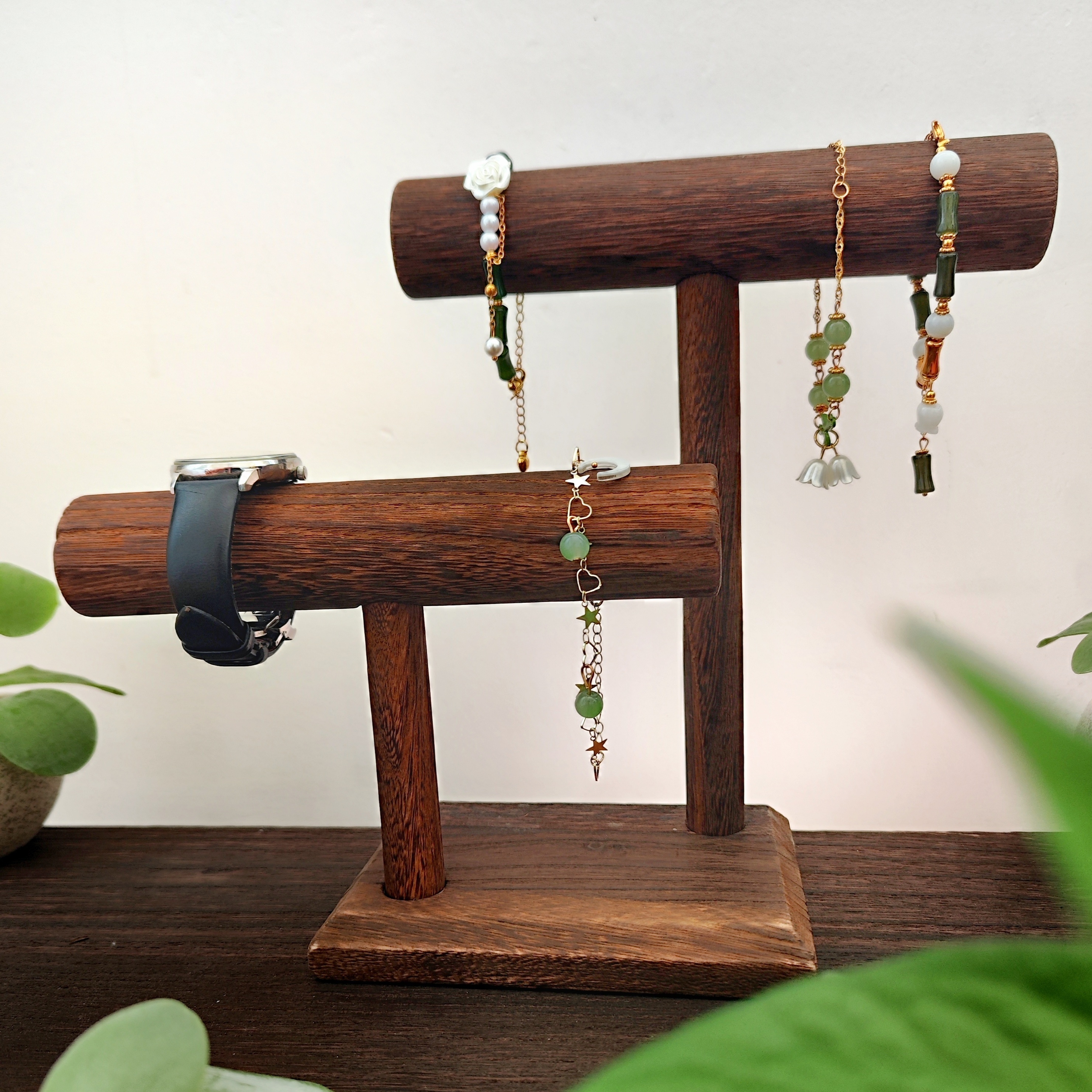 

1pc Wooden Double Layer Jewelry Display Stand For Bracelets, Bangles & Watches - Rustic Two-tiered Organizer With Natural Wood , Showcasing Accessories, Vintage Jewelry