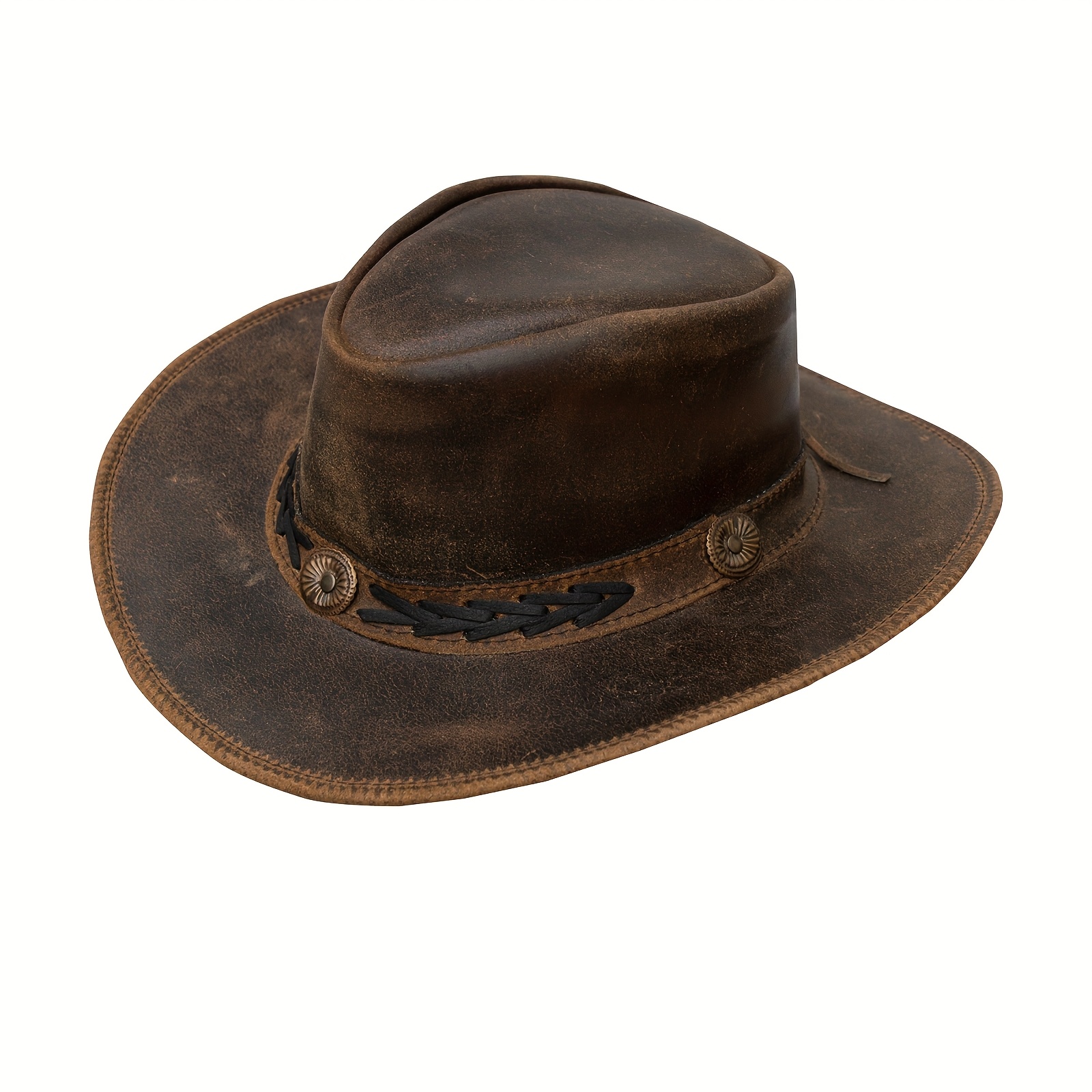 TEMU Leather Cowboy Hat Into Outback Hat Vintage Hats For , Festival Unisex Outdoor, High Quality &, Handcrafted Headwear-stitching, Lightweight
